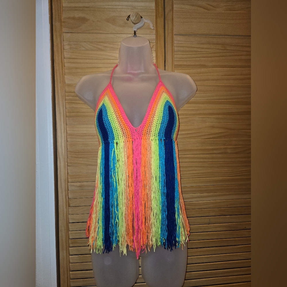 Rainbow Crochet Fringe Halter Top